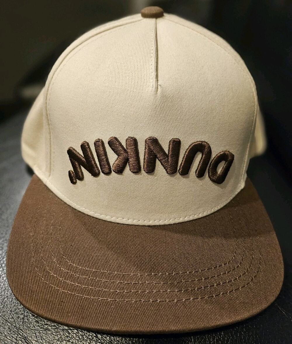 Dunkin Donuts Upside Down Flipped Reverse Logo Snap Back Tan Brown Hat - NEW
